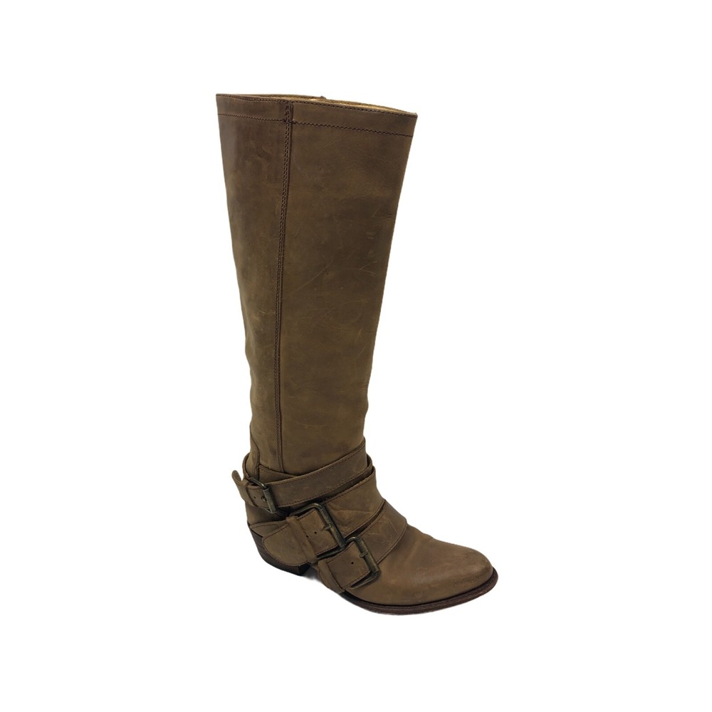 Sendra Boots Knee-High Womens 7 Brown Leather Buckle Moto‎ Heel Made in Spain